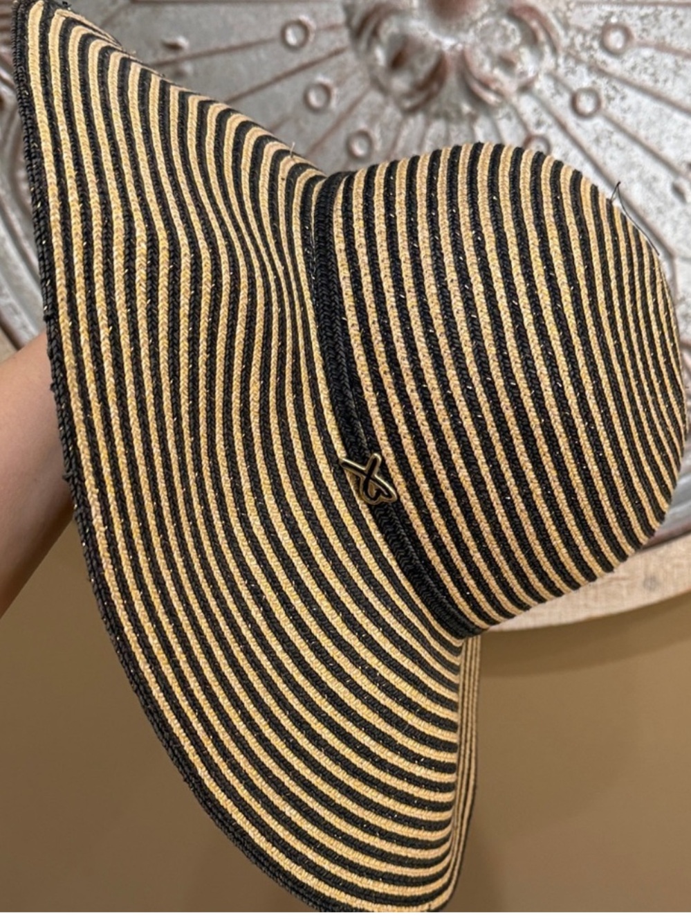 Vintage Betmar 80’s Woven black and Natural Striped Floppy Sun Hat With Logo